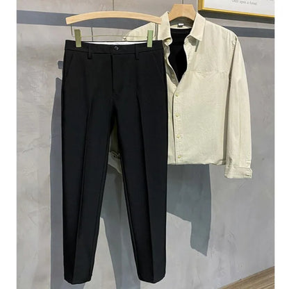 saferido Korean Style Fashion Ankle Length Suit Pants Men High Waist Solid Blue Black Gray Casual Straight Adjustable Waist Trousers