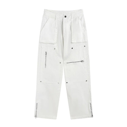Hip Hop Vibe Heavy Functional Cargo Trousers for Men Fashionable Rivets Zipper Split Adjust Micro Flare Pants White Male Clothes
