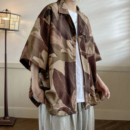 saferido Summer Men's Classic Beautiful Print Short Sleeve Shirts American Retro Style Loose Shirts Popular Grey/brown Shirts