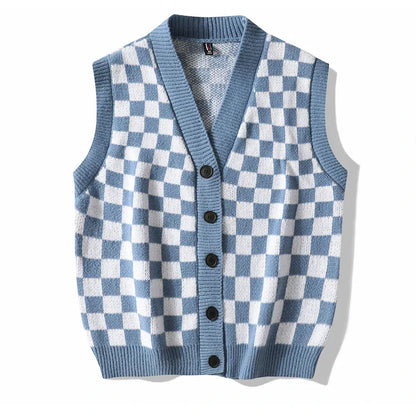 Men's Plaid Sweater Vest Sleeveless V-Neck Button Cardigan Vest Fashion Office Knitted Vest Classic Fit Tank Tops