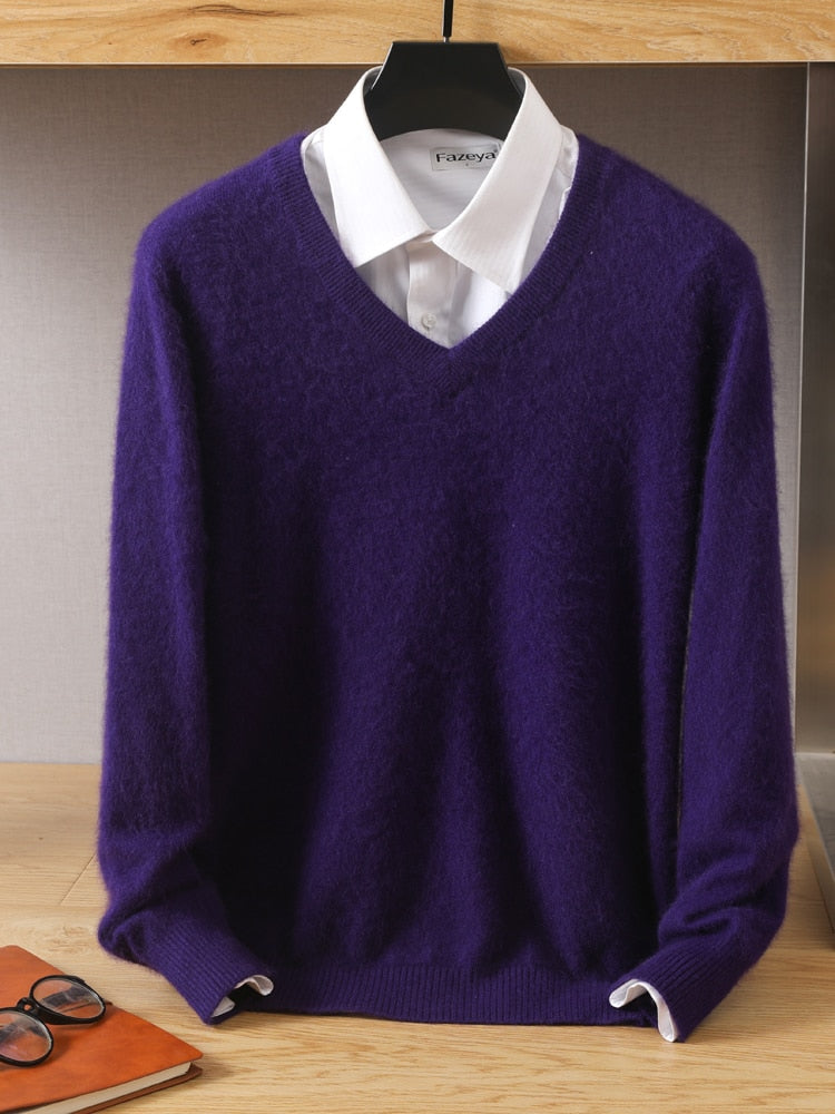 Men's 100% Mink Cashmere Sweater V-Neck Pullovers Knit Large Size Winter New Tops Long Sleeve High-End Jumpers