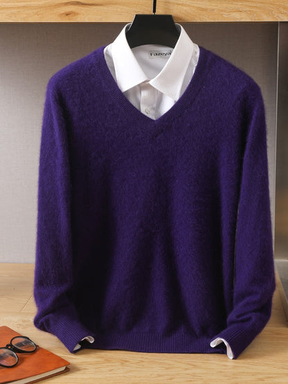 Men's 100% Mink Cashmere Sweater V-Neck Pullovers Knit Large Size Winter New Tops Long Sleeve High-End Jumpers