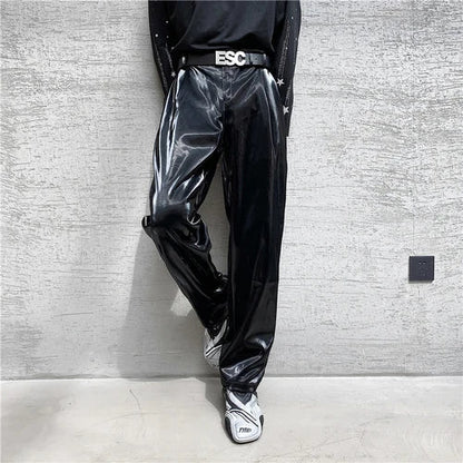 saferido  British Style Net Trend Personality Streetwear Bright PU Leather Trousers Side Tight Waist Loose Casual Pants Men's S-2XL