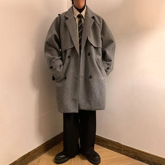 saferido Mens Gray German Woolen Coat Autumn Winter Mid-Length Thickened High-End Retro Elegant Handsome Comfortable Coat Oversize