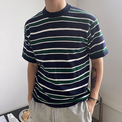 saferido Mens Japanese Striped Casual Knitted Short-Sleeved T-Shirt Genderless Fashion Personalized Versatile Retro Loose T-Shirt Unisex