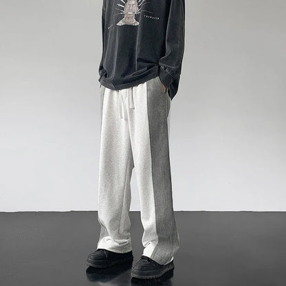 saferido Men's American Streetwear Loose Sweatpants Fitting Denim Patchwork Fabric Casual Pants Black/Grey Color Trousers M-2XL