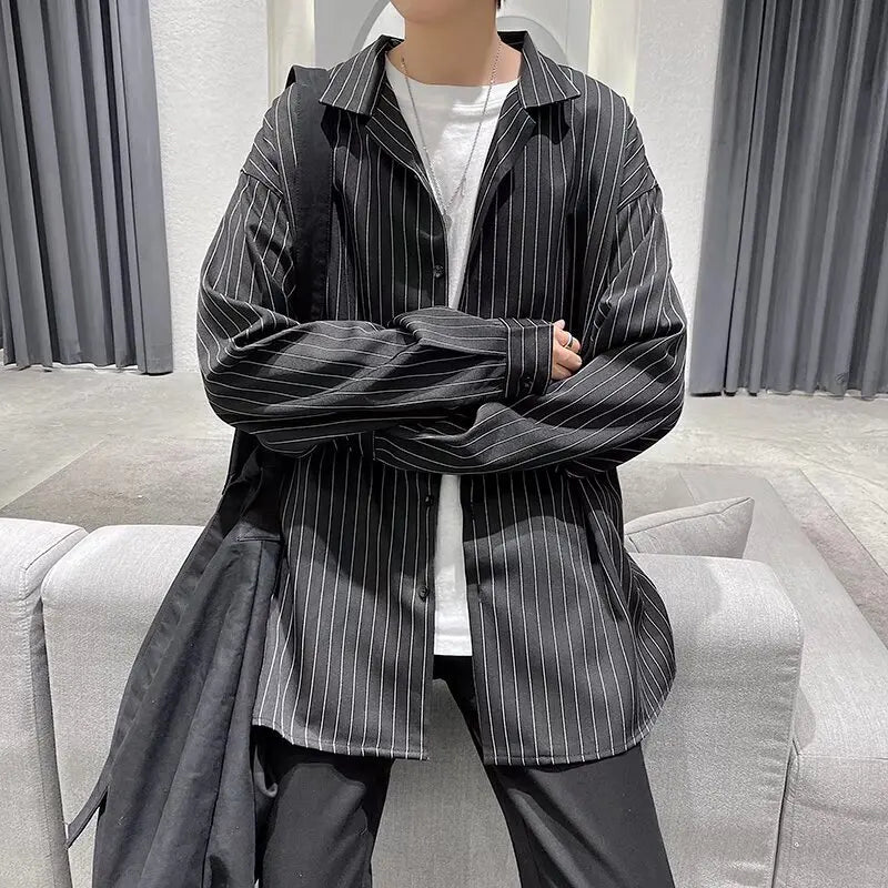 saferido Male Korean Long Sleeve Striped Shirts Men's Single-breasted Dress Shirt Business Office Casual Shirt Slim Fit Streetwear Homme