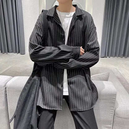 saferido Male Korean Long Sleeve Striped Shirts Men's Single-breasted Dress Shirt Business Office Casual Shirt Slim Fit Streetwear Homme