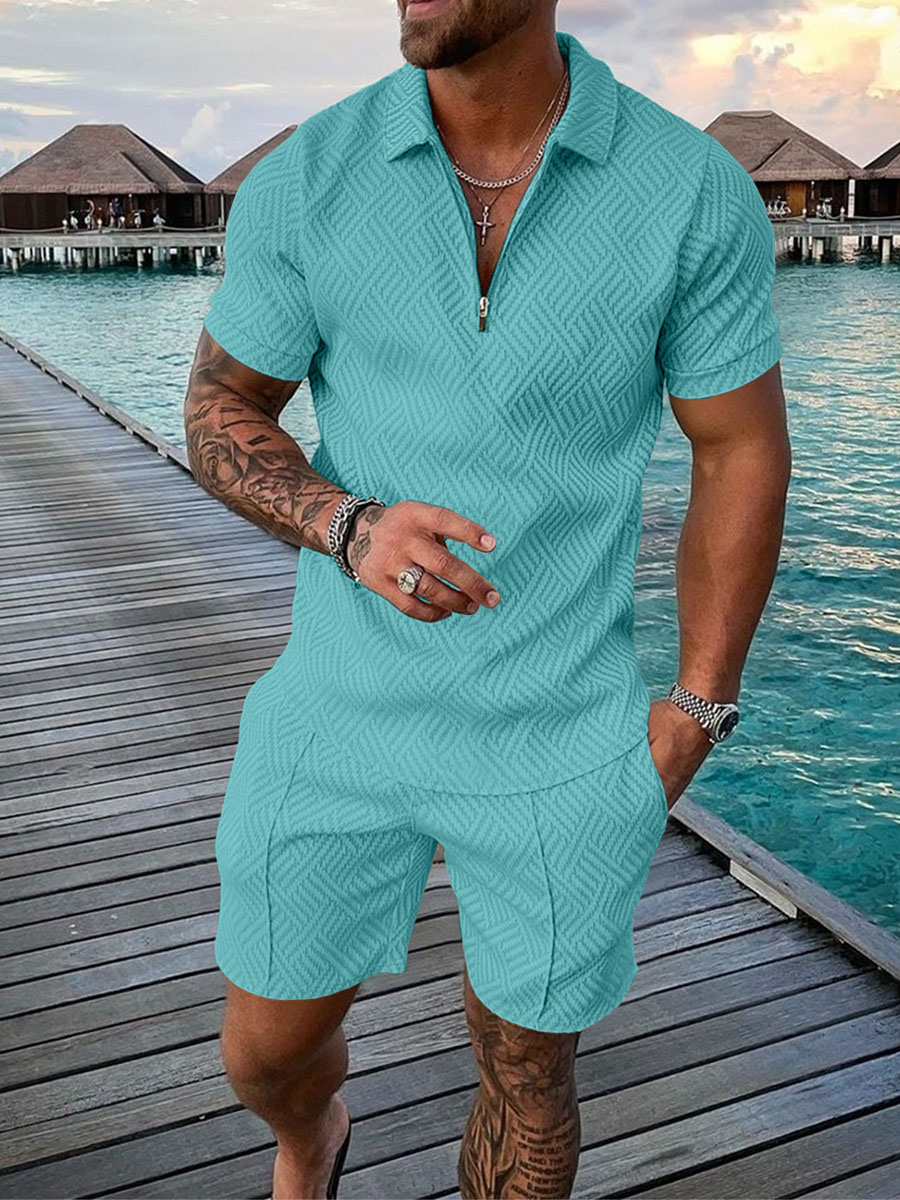Men Tracksuit Casual Short Sleeve Zipper Polo Shirt&Shorts Set for Men Casual Streetwear 2-piece Suit Summer