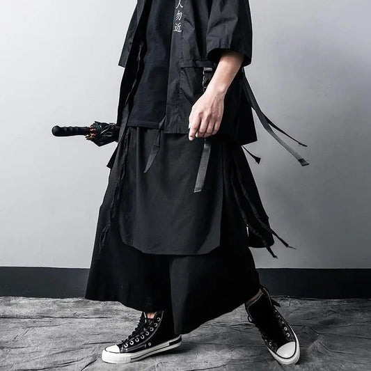 saferido Techwear Wide Leg Pants Punk Gothic Black Trousers Male Goth Cotton Linens Summer Japanese Style Streetwear Hip Hop