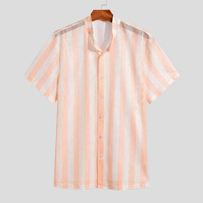 Casual Well Fitting Men's Mesh Striped Slightly Breathable Blouse Vacation Leisure Style Male Short-sleeved Shirts S-5XL