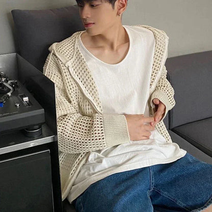 saferido Vintage Knit Mesh Coat for Men Hole Hooded Cardigan Long Sleeve Tee Male Casual Autumn Japanese Streetwear Hip Hop