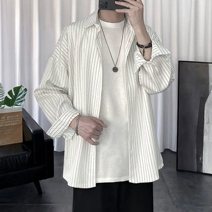 New Spring and Autumn Fashion Hong Kong Style Polo Neck Stripe Casual Loose Fashion Versatile Long Sleeve Men's Thin Shirt