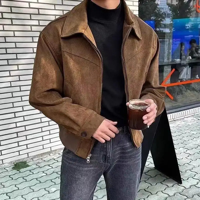 saferido 2024 Elegant Solid Brown Coat Men Spring Autumn High-End Loose Lapel New Zipper Short Jacket Vintage Streetwear Bomber Jacket