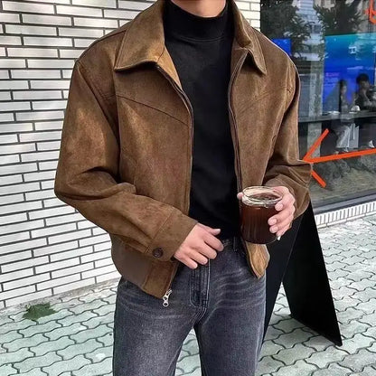 saferido 2024 Elegant Solid Brown Coat Men Spring Autumn High-End Loose Lapel New Zipper Short Jacket Vintage Streetwear Bomber Jacket
