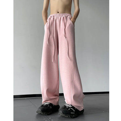 saferido Men's Drawstring Design Waist Wide Leg Sports Casual Pants Oversized Pink Color Sweatpants Elastic Waist Loose Trousers
