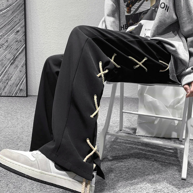saferido Casual Straight Wide Leg Pants Breathable High Street Trend Loose Casual Cargo Pants Plaid Black Rope Decorative Trousers Spring