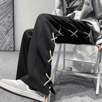 saferido Casual Straight Wide Leg Pants Breathable High Street Trend Loose Casual Cargo Pants Plaid Black Rope Decorative Trousers Spring