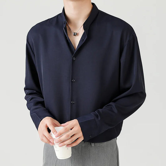 High-end Luxury Dark Blue Shirts for Men Spring Long Sleeve Stand-up Collar Button Solid Color No Iron Silky Drape Men's Shirts
