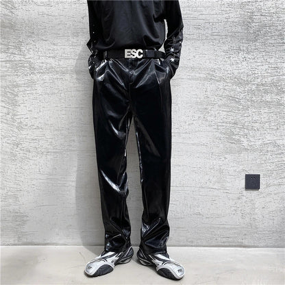 saferido  British Style Net Trend Personality Streetwear Bright PU Leather Trousers Side Tight Waist Loose Casual Pants Men's S-2XL