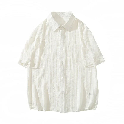 saferido Spring Summer Men's Solid Shirts Short Sleeve Harajuku Style Cardigan Casual  Blouses Male Plus Size Lapel Shirt