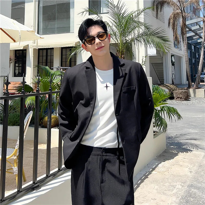 saferido Back Split Suit Jacket Men Solid Color Metal Chain Decor Blazer Spring Chic Loose Casual Black Male Handsome Stylish Blazers