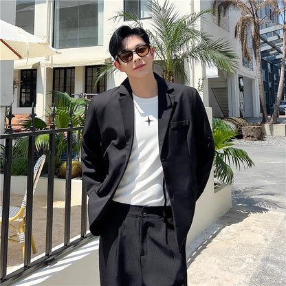 saferido Back Split Suit Jacket Men Solid Color Metal Chain Decor Blazer Spring Chic Loose Casual Black Male Handsome Stylish Blazers