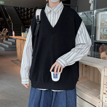 saferido Men Sleeveless Vest V-Neck Knitted Sweater Spring Autunm Solid Oversized Baggy Tops Ins Fashion Streetwear Vintage Y2K Clothes