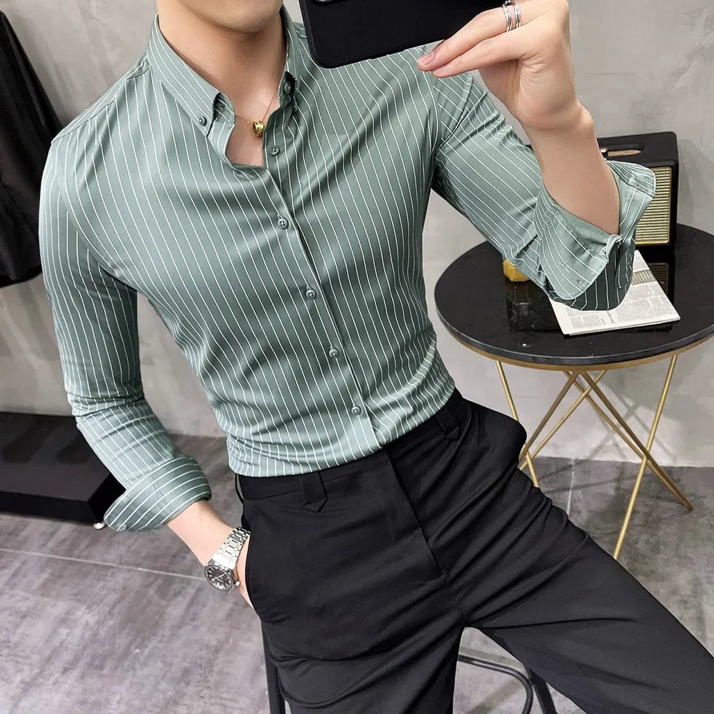 Striped Shirt Mens Spring New British Style Business Casual Long Sleeve Iron-Free Anti-Wrinkle Dress Shirt Mens Clothing