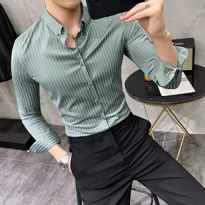 Striped Shirt Mens Spring New British Style Business Casual Long Sleeve Iron-Free Anti-Wrinkle Dress Shirt Mens Clothing