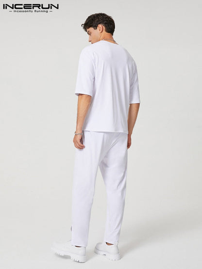 Men Sets Printing  Muslim Fashion O-neck Hafl Sleeve T Shirt & Pants 2PCS Streetwear Loose Men Casual Suits S-5XL INCERUN