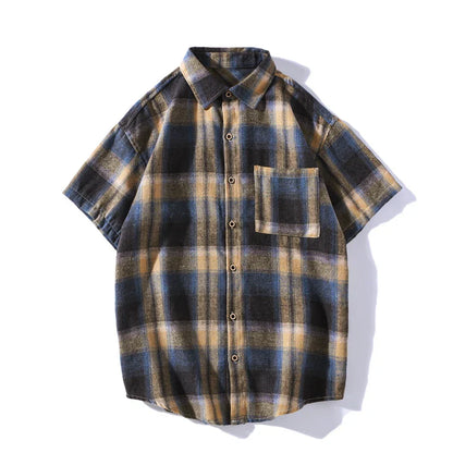saferido Korean Style Plaid Shirts For Men Short Sleeve Fashion Turn-down Collar Blouses Hip Hop Male Clothing