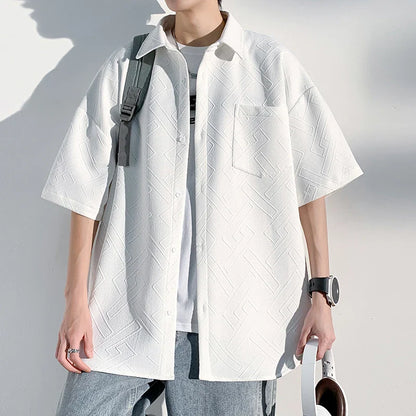 saferido Men's Short Sleeve Shirts Solid Color Blouses Fashion Streetwear Clothes College Style Tops Spring Summer Male Cardigan