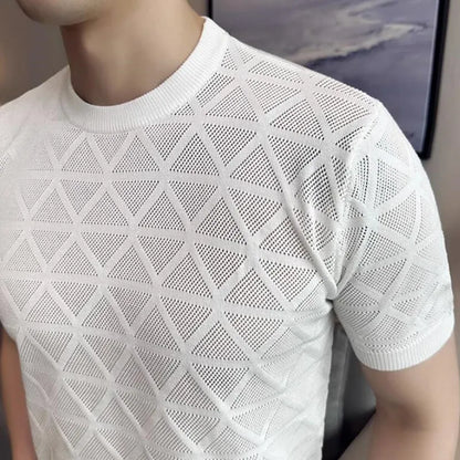 saferido British Style Summer Hollow Out Short Sleeve Knit T Shirts for Men Clothing Fashion Elastic Slim Fit Casual Tee Shirt Homme 4XL