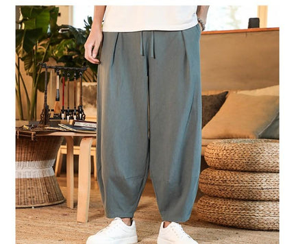 Loose Men's Cotton Linen Pants Summer Solid Color Breathable Linen Trousers Male Casual Elastic Waist Fitness Pants Plus Size