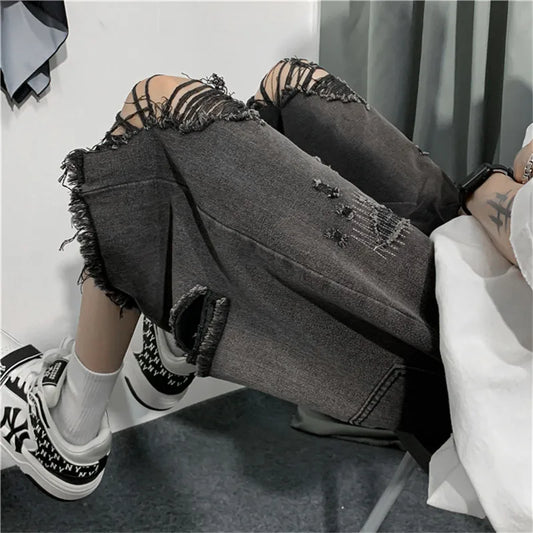 saferido New Style Ripped Denim Shorts Men's Clothing 2024 Summer Five-point Korean Casual Youth Straight Trousers Boutique Clothing
