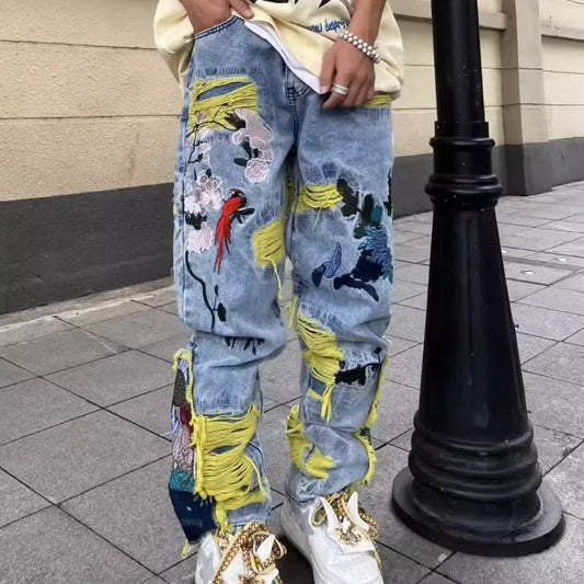Embroidery heavy industry jeans couple summer trend hip-hop high street American style y2k new brushed loose straight-leg pants