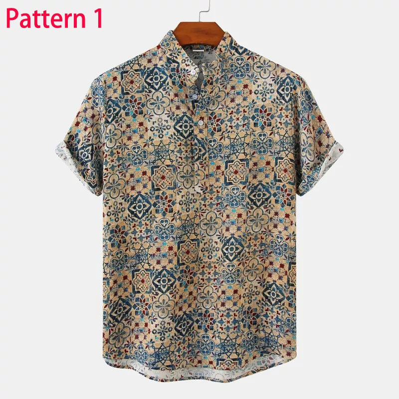 Summer New Short Sleeve Floral Hawaiian Shirt Men Half Placket Collar Beach Shirt Men Casual Holiday Vacation Clothing 3XL