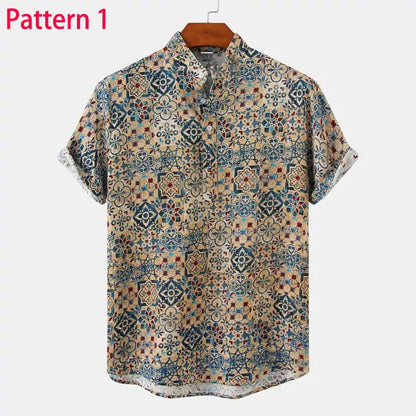 Summer New Short Sleeve Floral Hawaiian Shirt Men Half Placket Collar Beach Shirt Men Casual Holiday Vacation Clothing 3XL