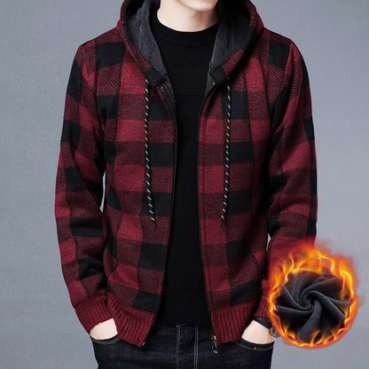 Winter New Men's Fleece Thickened Cardigan Knit Sweater / Male Loose Warm Hooded Add Wool Jacket Coat