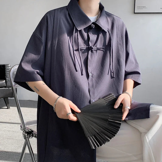 saferido Men's Casual Blouse Long Sleeve Tee Shirt Y2K Vintage Oversized Blouses Chinese Style Baggy Button Up Shirt