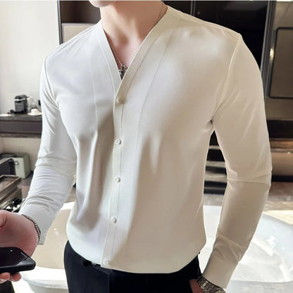 saferido Men V-neck Long Sleeve Shirt New British Style Solid Casual Slim Fit Camisas Blusas Formal Dress Shirts Homme Men Clothing