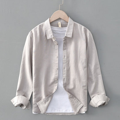 Green Cotton Linen Casual Shirts For Men Basic Classic Long Sleeve Turn-down Collar Breathable Clothing