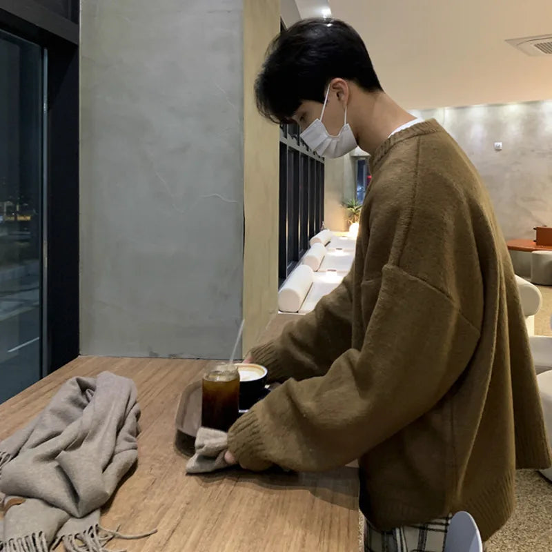 Men's Clothing Thickening Mohair Sweater Winter Loose Korean Style Vintage Kintted Sweater Round Collar Pullover