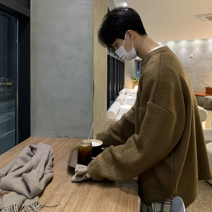 Men's Clothing Thickening Mohair Sweater Winter Loose Korean Style Vintage Kintted Sweater Round Collar Pullover