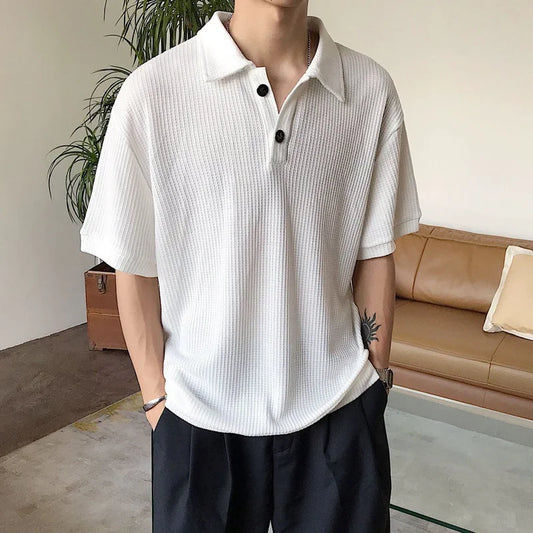 Korean Fashion Simple Short Sleeve Waffle Polo Shirt Men Advanced Texture Good Quality Lapel Loose Casual Solid Color Trend Top