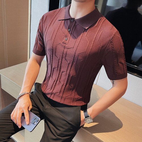 Brand Summer Polo Shirts Men Short Sleeve T-shirt British Knit Polos Casual Stripe Fashion Poloshirts Ice Silk Fabric Tops