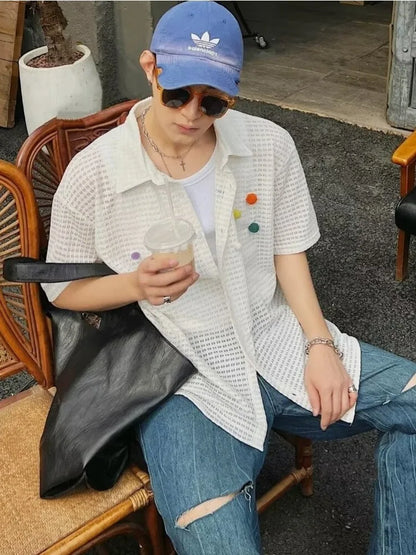 saferido Summer Men's Shirts New Chic Hollow Out Turn-down Collar High Street Youthful Popular Short Sleeve Japanese Harajuku Beach Style