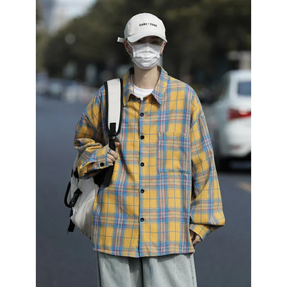 saferido Autumn Long Sleeved Shirt Men Oversized Fashion Retro Plaid Shirt Men Streetwear Loose Casual Shirt Mens Vintage Shirts M-3XL