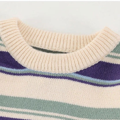 Japanese Patchwork Striped Sweater Men Knitwears New Winter Retro Vintage Harajuku Pullover Knit Embroidery Knitted Sweater